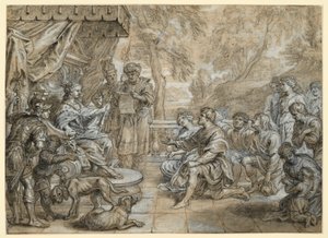 Uma rainha com manto de arminho e ceptro (Semíramis?) num trono, diante dela ajoelha-se um grupo de homens e mulheres de Abraham van Diepenbeeck