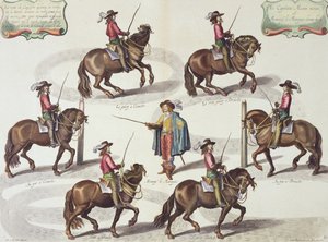 O Marquês de Newcastle, dando ao capitão Mazin uma aula de equitação, prato 15 do método e da nova invenção dos cavalos de vestir de William Cavendish (1592-1676) Marquês de Newcastle, gravado por Lucas Vo
