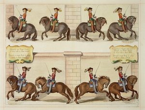 O Marquês de Newcastle a Cavalo Demonstrando Passos de Adestramento, prato 22 de "O Método e a Nova Invenção dos Cavalos de Vestir" de William Cavendish (1592-1676) Marquês de Newcastle, gravado por T