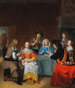 Interior com cartas de baralho de sociedade elegante, década de 1660. de Abraham van Dijck