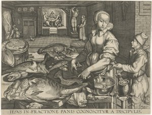 Peça de cozinha com mulher a limpar peixe
Iesus in fractione panis cognoscitur a discipulis (título sobre o objecto) de Abraham van Lier