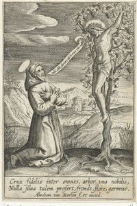 Santo ajoelhado diante de Cristo na cruz de Abraham van Merlen