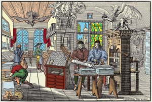 Interior de uma fábrica de impressão em Nuremberga, Alemanha: trabalhadores a trabalhar, início do século XVII - grav. de Abraham van Werdt. de Abraham van Werdt