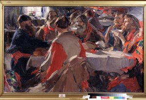 Hora do chá (beber chá). Pintura de Abram Yefimovich Arkhipov (1862-1930). Óleo sobre tela, 79 x 31 cm. Arte russa, final do século XIX e início do século XX. Galeria de Arte do Estado B. Kustodiev, Astrakhan (Rússia).