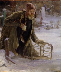 O Apanhador de Aves. Vetu miserável, ajoelhado na neve, um homem a segurar uma gaiola. Pintura de Abram Yefimovich Arkhipov (1862-1930), óleo sobre tela