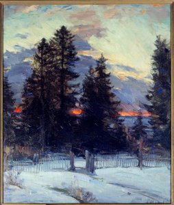 Pôr-do-sol na paisagem de inverno. Pintura de Abram Arkhipov (1862 - 1930) Ec. Rus.
