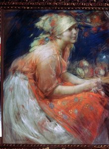 Uma jovem camponesa (uma camponesa). Pintura de Abram Yefimovich Arkhipov (1862-1930). Pastel sobre tela, 88 x 71 cm