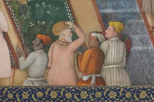 Detalhe do imperador Jahangir com homens santos em um jardim, c.1615 (wc opaco e ouro sobre papel)
