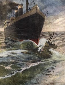 Um transatlântico alemão derruba e quebra um submarino da frota inglesa na costa de Dover - Ilustração de Beltrame - "La Domenica del Corriere" Outubro 1912 de Achille Beltrame