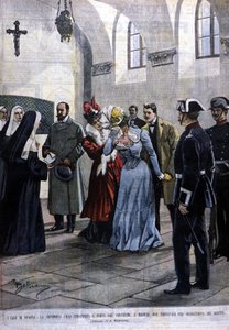 Em Madrid, uma jovem mulher, a menina Ubao, é arrancada da vida de uma freira num convento onde estava por sugestão dos jesuítas. Ilustração de Beltrame. La Domenica del corriere. 1901. de Achille Beltrame