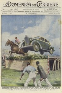 Um carro e um cavalo saltam um obstáculo em uma pista de corridas em Nova Orleans