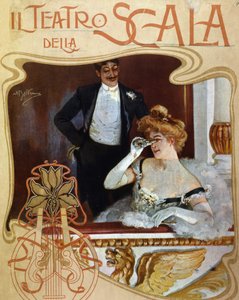 Alguns lugares em um camarim no Teatro alla Scala. A jovem observa a cena com um par de binóculos. Ilustração de Achille Beltrame. de Achille Beltrame