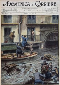 Um ciclone jogou uma enorme massa de água em Palermo, inundando praças, ruas e forçando as pessoas a abandonarem suas casas para se refugiarem em barcos. Estas inundações resultaram em várias baixas - dess. de A. Beltrame em "la Domenica del Corriere" de 0 de Achille Beltrame