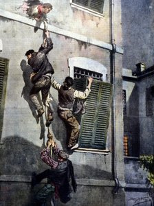 Uma ousada fuga de quatro reclusos da prisão de Asti depois de romperem o muro. Desenho de Beltrame. La Domenica del Corriere. 1902 de Achille Beltrame