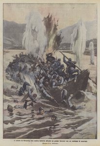 Para o leste de Rovereto, um dos nossos tambores afunda um grande barco com cem austríacos de Achille Beltrame