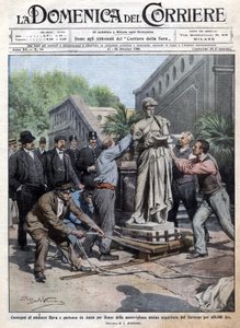 Uma estátua comprada pelo governo a 450 mil liras é trazida para Roma e entregue ao Ministro Rava. Ill. de Beltrame. La Domenica del Corriere. 10/1909. de Achille Beltrame