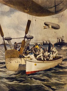 Navios reabastecendo navios de guerra durante sua viagem, por Achille Beltrame, ilustração, Ilustrador Achille Beltrame (1871-1945), de La Domenica del Corriere, 5 de maio de 1910 de Achille Beltrame