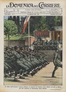 No ritmo do enérgico passo romano, as Legiões de Camisas Negras desfilam diante do Duce