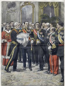 Alfonso XIII (1886-1941), Rei de Espanha na cerimônia de apresentação de seu filho Alfonso (1907-1938), Conde de Covadonga, Príncipe das Astúrias. Desenho de Achille Beltrame. de 1907. de Achille Beltrame