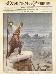 Explorador americano, Richard E Byrd, acompanhado por companheiros na Antártida depois de cinco meses sozinho, por Achille Beltrame, ilustração, Ilustrador Achille Beltrame (1871-1945), de La Domenica del Corriere, 26 de agosto de 1934 de Achille Beltrame