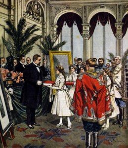 Aniversário do autor de Quo Vadis?, apresentação de presentes para Sinkievicz em Varsóvia, ilustração de Achille Beltrame, La Domenica del Corriere, No. 3, 20 de janeiro de Achille Beltrame