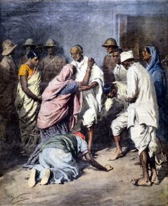 Arrestation de Mahatma Gandhi (1869 - 1948). Ill. de Achille Beltrame. La Domenica del Corriere. 1932 de Achille Beltrame