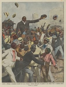 Chegada em Chicago e bem-vindo triunfal de Negro Johnson, vencedor da competição de boxe
