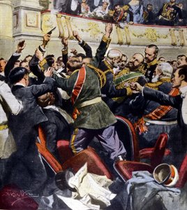 Ataque ao ministro russo Stolypin no teatro da cidade de Kiev. Ilustração por Beltrame de Achille Beltrame