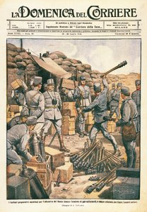 Bárbaros austríacos se preparam para a ofensiva no Baixo Isonzo, ilustração de La Domenica del Corriere, 23 de julho de Achille Beltrame