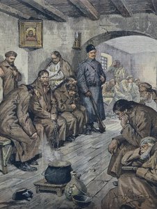BELTRAME, Achilles (1871-1945). Prisioneiros russos em greve de fome pela liberdade dos seus companheiros tuberculosos. Ilustração de A. Beltrame, La Domenica de Corriere, 19 de junho de 1871-1945 de Achille Beltrame