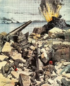 Batalha de Dardanelles, frota anglo-francesa destrói fortalezas de Dardanelles para romper o Estreito e chegar a Constantinopla, por Achille Beltrame (1871-1945), ilustração de La Domenica del Corriere, 14-21 de março de Achille Beltrame