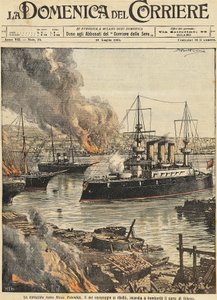 Batalha naval Potemkin bombardeando Odessa, de Achille Beltrame, ilustração, Ilustrador Achille Beltrame (1871-1945), de La Domenica del Corriere de Achille Beltrame