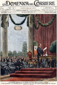 Benito Mussolini proferindo seu discurso no Teatro Reale da ópera em Roma perante os líderes do regime. ilustração de Achilles Beltrame". Domenica del corriere" de 24 de Março de 1929 de Achille Beltrame