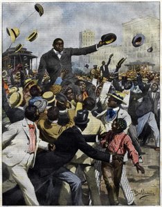 O boxeador Jack Johnson chegou a Chicago em 1910. Ilustração de Achille Beltrame para La Domenica del Corriere". de Achille Beltrame