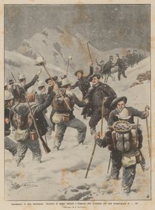 Véspera de Ano Novo nas altas montanhas, reunião de alpinos italianos e franceses na fronteira com uma temperatura de -16 °
