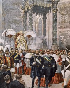 Coroação do Papa Pio X na Basílica de São Pedro, Vaticano, ilustração de Achille Beltrame de La Domenica del Corriere de Achille Beltrame