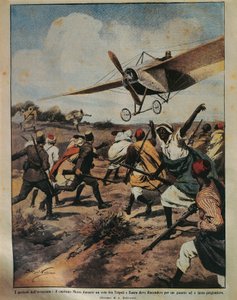 Ilustração da capa da tentativa do Capitão Moizo de aterrar durante a Campanha Africana, por Achille Beltrame (1871-1945), de La Domenica del Corriere, 22 de Setembro de 1912 de Achille Beltrame
