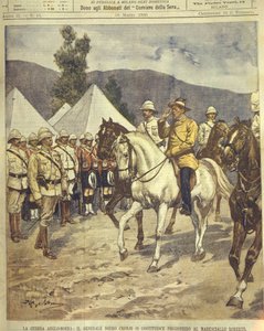 Ilustração da capa da rendição do General Cronje ao Marechal Roberts durante as Guerras Anglo-Zulu e Anglo-Boer de 1850-1902 de Achille Beltrame