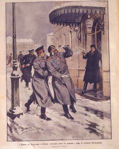 Ilustração da capa do Terrorismo no Império Russo; atentado contra a vida e morte do agressor em Riga de Achille Beltrame