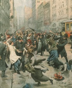 Ilustração da capa de mulheres que protestam contra o desemprego nas ruas; Nova Iorque, EUA de Achille Beltrame