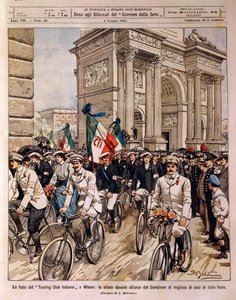 Ciclistas desfilando pelo Arco da Paz, celebração do Touring Club italiano em Milão, Itália, ilustração de Achille Beltrame de La Domenica del Corriere, 4 de junho de Achille Beltrame
