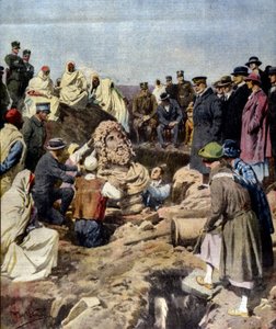 Descoberta de um busto de Júpiter no Sabratha, na Líbia, em 1925. ilustração de Achille Beltrame de Achille Beltrame