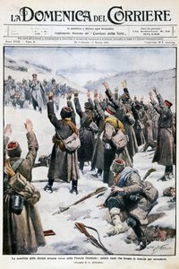 A derrota do décimo exército russo na Prússia Oriental: Soldados russos levantando suas armas em rendição, placa de Achille Beltrame (1871-1945) de La Domenica del Corriere, 28 de fevereiro a 7 de março de 1915 de Achille Beltrame