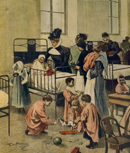 Distribuição de presentes de Natal a crianças pobres no hospital, por Achille Beltrame, ilustração, Ilustrador Achille Beltrame (1871-1945), de La Domenica del Corriere, 23 de novembro de 1900 de Achille Beltrame