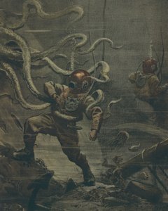Mergulhador sendo atacado por polvo gigante durante o mergulho, por Achille Beltrame, ilustração, Ilustrador Achille Beltrame (1871-1945), de La Domenica del Corriere, 25 de outubro de 1908 de Achille Beltrame