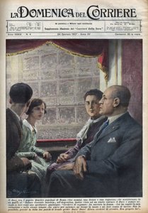 Duce Benito Mussolini, chefe do governo fascista, que veio ver um espetáculo no "Teatro Argentina" em Roma, instala-se entre os espectadores italianos, que estão tão próximos dele. Ilustração de Achille Beltrame em "La domenica del corriere" 24/01/1937. de Achille Beltrame