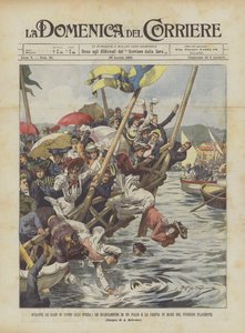 Durante as corridas de natação em La Spezia, O corte de um palco e a queda no mar da platéia aplaudindo de Achille Beltrame
