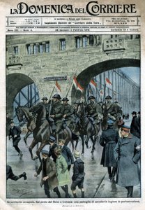 Presença inglesa na Alemanha: tropas militares em uma ponte do Reno em Colônia. Ilustração de Beltrame. La Domenica del Corriere. 01/1919. de Achille Beltrame