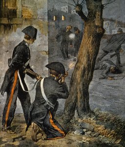 Episódio da Máfia Siciliana, conflito entre polícia e mafiosos em Trapani a partir de La Domenica del Corriere, 31 de dezembro de Achille Beltrame