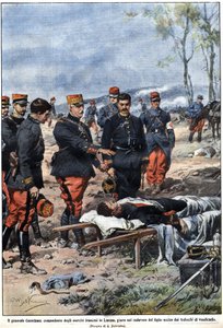 Episódio da guerra de 1914: O General Noel Edouard de Curieres de Castelnau (1851-1944), comandante do exército francês em Lorena, jura ao corpo do seu filho morto vingá-lo. Ilustração de Achille Beltrame em "La Domenica del Corriere". de Achille Beltrame